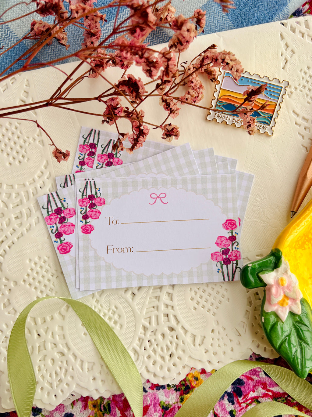 Sage Gingham Gift Card Set