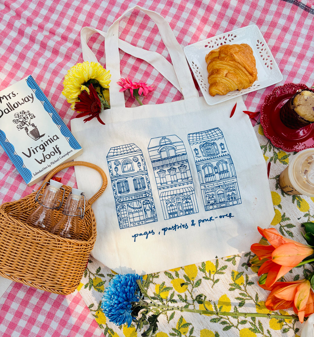 Pages, Pastries and Pour Over Embroidered Tote Bag