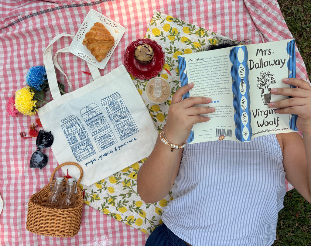 Pages, Pastries and Pour Over Embroidered Tote Bag