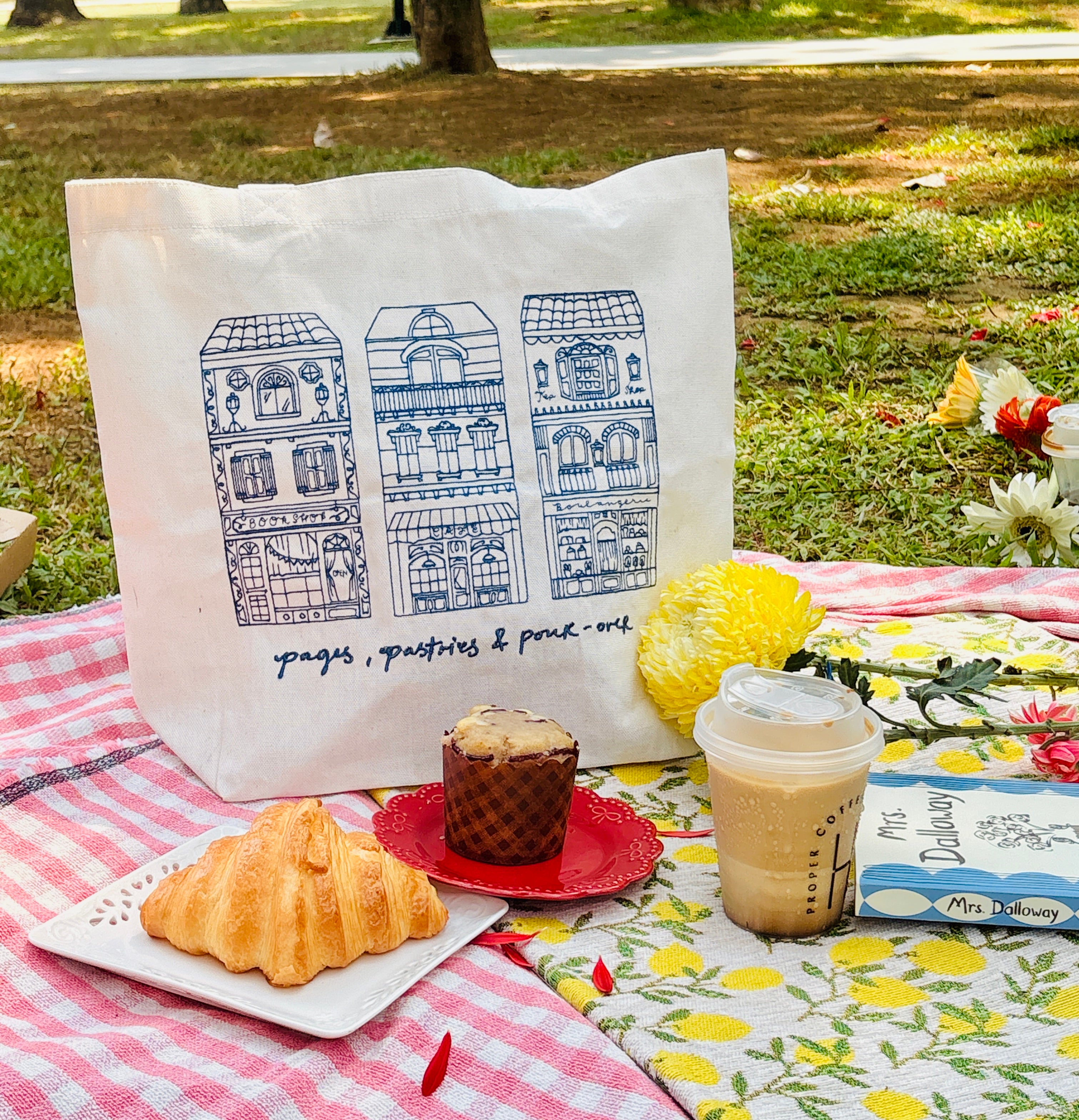 Pages, Pastries and Pour Over Embroidered Tote Bag